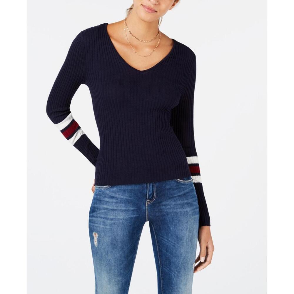 Hooked Up By Iot Juniors Lace Up Varsity Stripe Sweater Size M